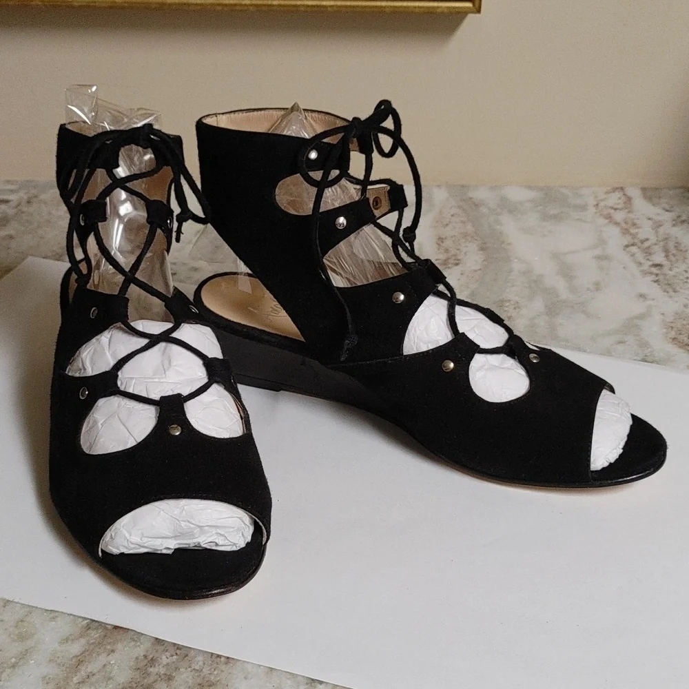 Amalfi By Rangoni Firenze Black Suede Wedge Lace Up Open Toe Ankle Sandals 8M